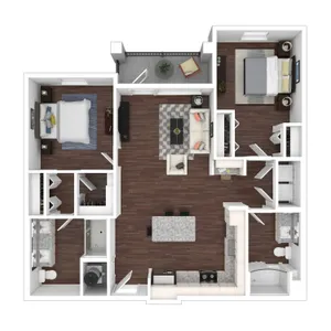 Modern 2D floor plan showcasing 2 spacious bedrooms, elegant open-concept living and dining area, stylish kitchen, and two luxurious bathrooms.