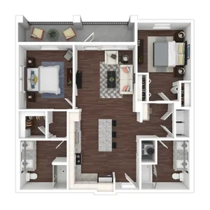 Contemporary floor plan showcasing a spacious 2-bedroom apartment with a stylish open-concept living area, modern kitchen with island seating, and two elegant bathrooms. Features include a cozy balcony and abundant natural light.