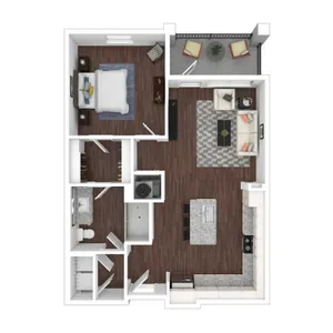 Chic floor plan featuring a spacious bedroom, modern open-concept kitchen, stylish living area, and inviting balcony, perfect for contemporary living.