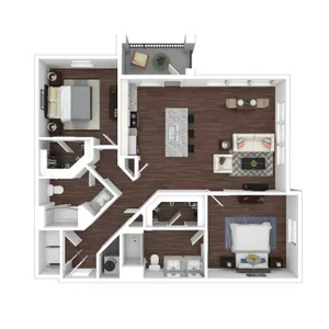Sleek 3D floor plan showcasing a modern open-concept design with two luxurious bedrooms, spacious living area, contemporary kitchen, and a cozy balcony.