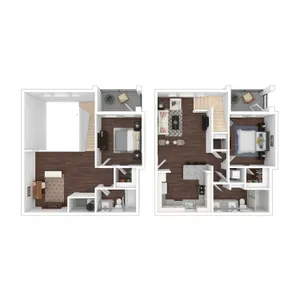 Elegant two-story 3D floor plan featuring 2 bedrooms, an open-plan kitchen, stylish living area, and private balconies.