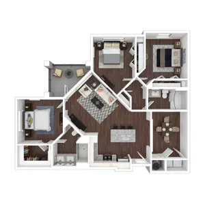 Elegant 3D floor plan showcasing 3 spacious bedrooms, an open-concept kitchen with island, and a cozy living area with balcony access.