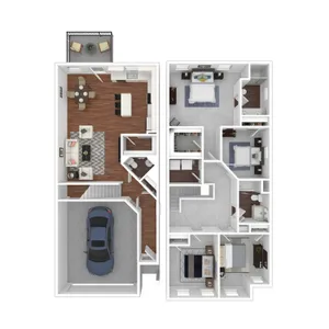 Modern two-story floor plan featuring a spacious open-concept kitchen and living area, three cozy bedrooms, two bathrooms, and a garage. Includes an inviting balcony for relaxation.