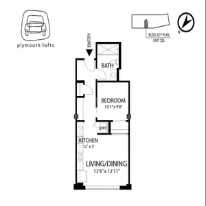 Efficient 1-bedroom floor plan at Plymouth Lofts, featuring an open living/dining area and modern kitchen, 535 sq ft, unit 205.
