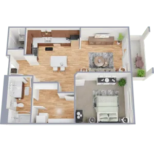 A 3-D image of a spacious 1-Bedroom floorplan