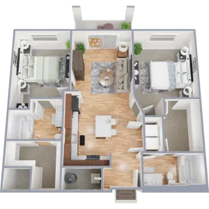 A 3-D image of a spacious 2- Bedroom floorplan
