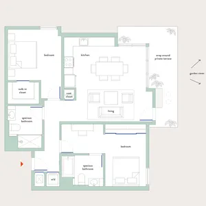 Modern floor plan featuring two spacious bedrooms, an open living and dining area, a well-equipped kitchen, and a wrap-around private terrace with garden views.