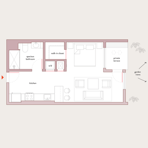 Elegant floor plan showcasing a spacious one-bedroom apartment with an open-concept living area, private terrace, and garden views.