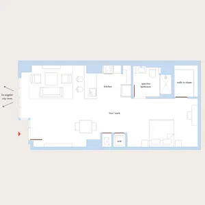 Modern floor plan highlighting a one-bedroom apartment with an open-concept kitchen, spacious living area, versatile live/work space, and panoramic Los Angeles city views.