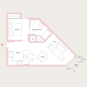 Chic floor plan featuring one bedroom, spacious bathroom, modern kitchen, and open living-dining area with garden views.