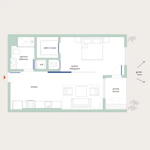 Elegant floor plan showcasing a spacious 1-bedroom apartment with a private terrace, modern kitchen, and garden views.