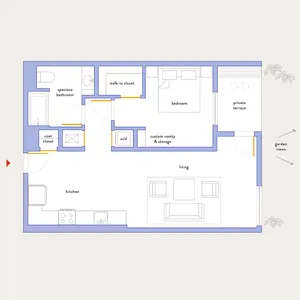 Modern floor plan featuring a bedroom with walk-in closet, spacious bathroom, open kitchen, and living area that opens to a private terrace with garden views.