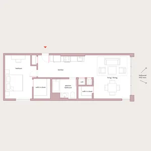 Inviting floor plan showcasing 1 bedroom, open kitchen, spacious bathroom, and living/dining area with Hollywood Hills views.