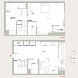 Chic dual-level Townhome floor plan with spacious living room, open kitchen, two private terraces, and elegant bedroom.