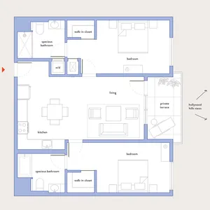 Modern floor plan highlighting 2 bedrooms, stylish kitchen, spacious living area, and private terrace with Hollywood Hills views.