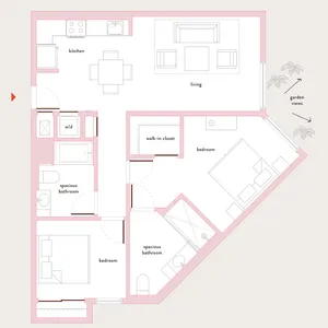 Elegant floor plan featuring two bedrooms, a spacious living area, and garden views. Includes a modern kitchen, two luxurious bathrooms, and a walk-in closet for ample storage.