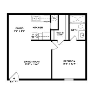 Charming 1-bedroom floor plan featuring a spacious living room, efficient kitchen, cozy dining area, and a walk-in closet.