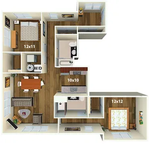 Elegant 3D floor plan showcasing two bedrooms, a cozy living area, modern kitchen, and in-unit laundry, blending style and functionality.