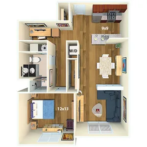 Charming 3D floor plan showcasing a cozy 1-bedroom apartment with an open kitchen, stylish living room, and well-appointed bathroom.