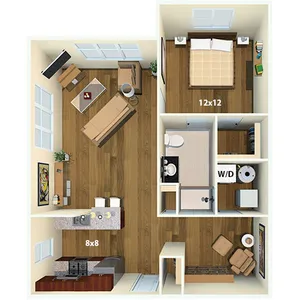 Modern 2D floor plan showcasing one spacious bedroom, a stylish open living and dining area, and a sleek kitchen with contemporary finishes. Includes a cozy study nook and a compact bathroom with laundry setup.
