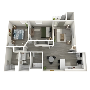 Modern 3D apartment floor plan with two bedrooms, spacious living room, and sleek kitchen design.