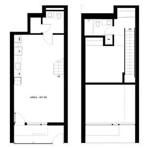 Modern 2-level floor plan featuring 2 bathrooms, a spacious kitchen with appliances, and an open living area, totaling 811 square feet.