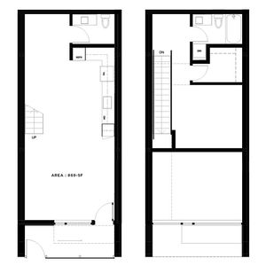 Modern floor plan showcasing 869 sq ft with an elegant spiral staircase, efficient kitchen layout, and spacious living and dining area.