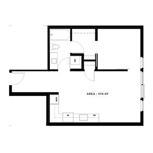Modern floor plan highlighting a spacious open living area with kitchen, one bedroom, and bathroom layout, covering 574 sq ft.