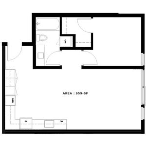 Modern floor plan showcasing a spacious open-concept layout with a well-designed kitchen, ample living space, and a sleek bathroom area on 659 square feet.
