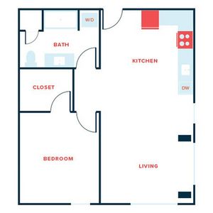 Modern floor plan showcasing 1 bedroom, spacious kitchen with washer/dryer, cozy living area, and bathroom with closet.