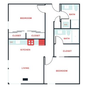 Modern 2-bedroom floor plan featuring two baths, open kitchen, and spacious living area with ample closets.