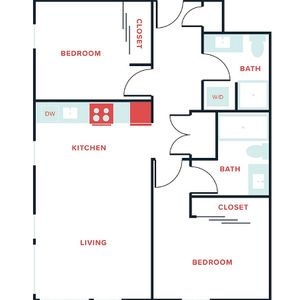 Contemporary floor plan showcasing an open-concept living and kitchen area, featuring two bedrooms, two baths, and ample closet space.