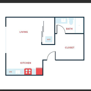 Modern floor plan showcasing a sleek layout with open living area, kitchen, bath, and ample closet space.