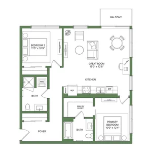 Modern floor plan showcasing a spacious great room, open kitchen, 2 bedrooms, 2 baths, and a balcony. Perfect blend of function and style.