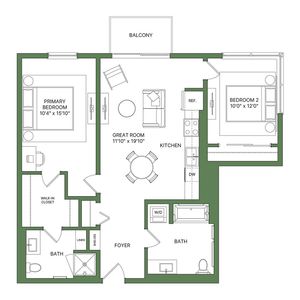 Inviting floor plan with 2 bedrooms, spacious great room, modern kitchen, and private balcony.