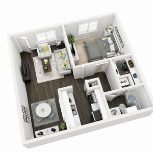 Charming 3D floor plan showcasing a cozy 1-bedroom apartment with modern living area, sleek kitchen, and elegant bathroom.