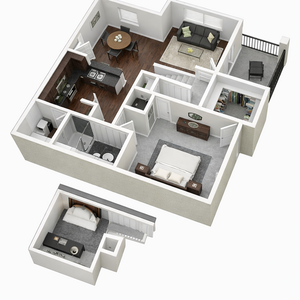 Modern 3D floor plan showcasing two bedrooms, an elegant open kitchen, and a cozy living area with balcony access.