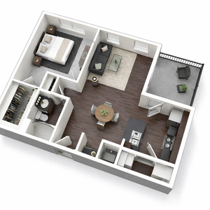 Modern 3D floor plan showcasing 1 bedroom, a chic open living and dining area, sleek kitchen, elegant bathroom, and a spacious balcony.