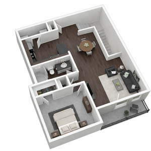 Elegant 3D floor plan showcasing a modern living room, cozy bedroom, sleek kitchen, and stylish dining area with wooden floors.