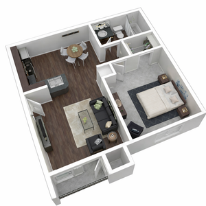 Modern 3D floor plan showcasing a cozy 1-bedroom apartment with a stylish kitchen, inviting living room, and a functional bathroom layout.