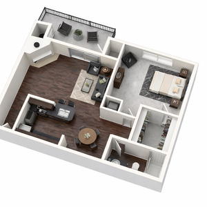 Elegant 3D floor plan featuring a spacious bedroom, modern kitchen, and cozy living area with hardwood flooring and a private balcony.