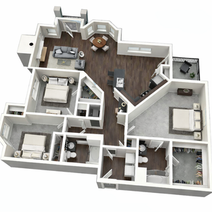 Modern 3D floor plan showcasing a stylish apartment with 3 bedrooms, open living area, and contemporary kitchen.