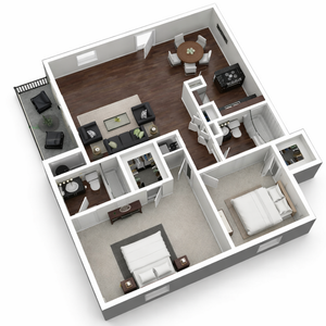Elegant 3D floor plan showcasing a modern open-concept design with two bedrooms, a spacious living room, and a stylish kitchen, featuring hardwood flooring and a cozy balcony.