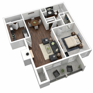 Modern 3D floor plan featuring a spacious bedroom, stylish living room, and contemporary kitchen with adjacent dining area. Includes sleek balcony space for relaxation.