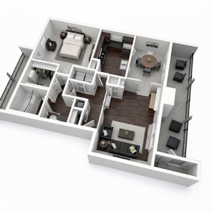 Elegant 3D floor plan showcasing a modern apartment with one spacious bedroom, inviting living room, sleek kitchen, and stylish dining area, complemented by a private balcony.