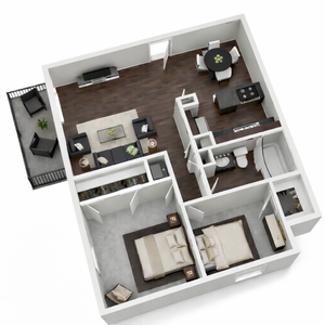 Modern 3D floor plan showcasing a spacious 2-bedroom apartment with an open-concept living area, elegant dining space, and private balcony.