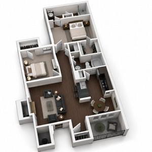 Elegant 3D floor plan showcasing two spacious bedrooms, an inviting open-concept living area, modern kitchen, and a cozy balcony.