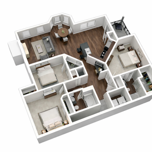 Elegant 3D floor plan showcasing two bedrooms, a modern open-concept kitchen and living area, plus a cozy balcony space.