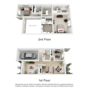 Charming two-story floor plan featuring 3 bedrooms, 2 bathrooms, an open living area, and an attached garage. Perfect blend of comfortable living spaces and modern convenience.