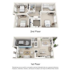 Charming 3D floor plan showcasing a spacious two-story apartment with three bedrooms, a modern open-plan living area, and a convenient garage.